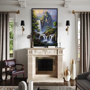Waterfall Wall Art - Mountain Forest Waterfall Landscape Vertical Painting Canvas Print Framed or Unframed Ready To Hang