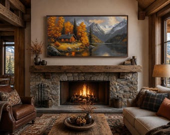 Mountain Cabin By The Lake In Autumn Painting Canvas PRINT, Lake House, Cabin Fall Wall Decor Framed Ready To Hang