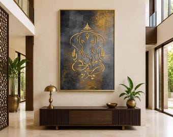 Minimalist Lord Ganesha Wall Art, Indian Deity, Hindu God Decor Ganapati Abstract Painting Canvas PRINT,  Framed Or Unframed Ready To Hang