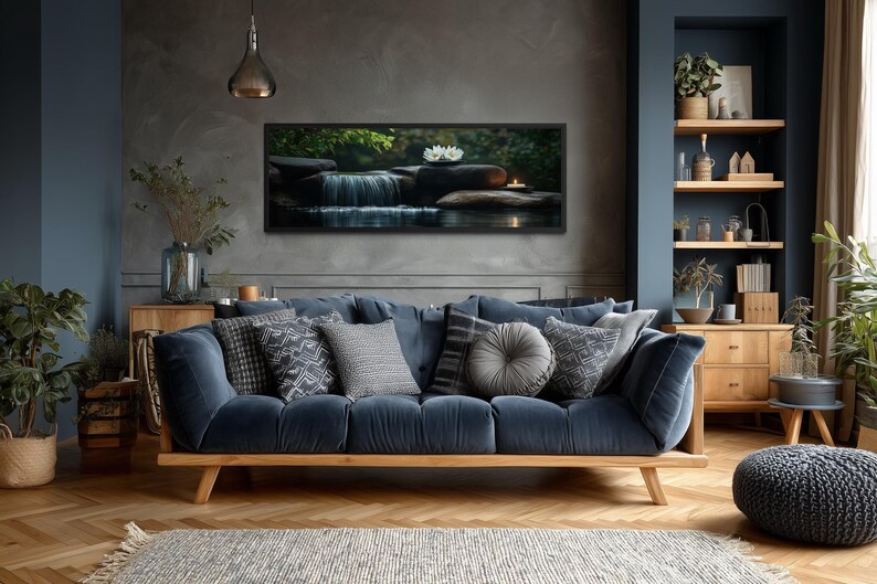 Zen Garden Spa Waterfall Canvas Wall Art - Candle And White Lotus Over Bed Horizontal Relaxation Print, Modern Bedroom Tranquility Decor image 11