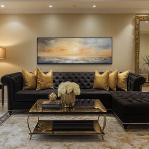Over Bed Wall Art - Gold And Silver Abstract Ocean Sunset Painting Canvas PRINT, Long Horizontal Panoramic Artwork Ready To Hang