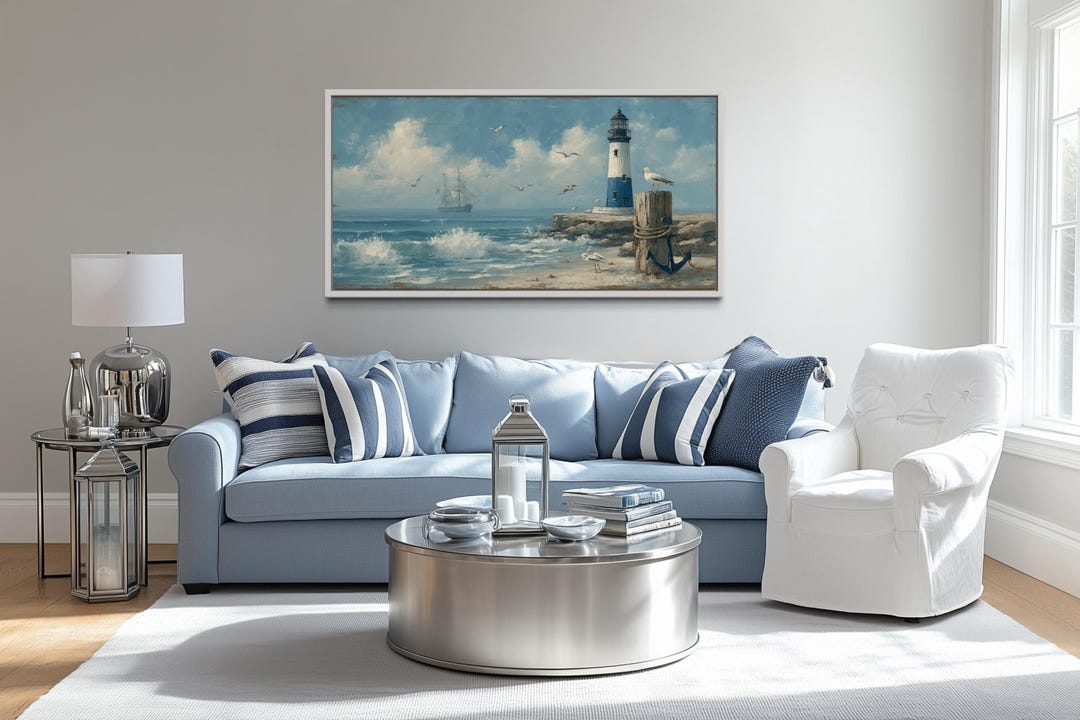 Blue Lighthouse Coastal Wall Art – Nautical Seascape With Ocean Waves ...