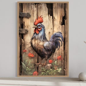 a vibrant rooster standing on a wooden fence, surrounded by red flowers and green plants.