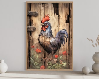 Rooster Painting On Distressed Wood Canvas Print - Farmhouse Rustic Wall Art Framed Unframed Ready To Hang