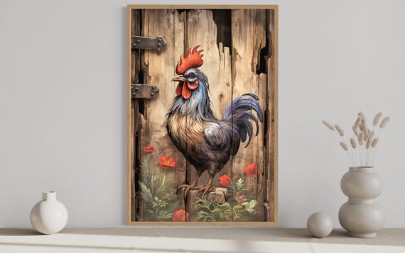Rooster Painting On Distressed Wood Canvas Print - Farmhouse Rustic Wall Art Framed Unframed Ready To Hang