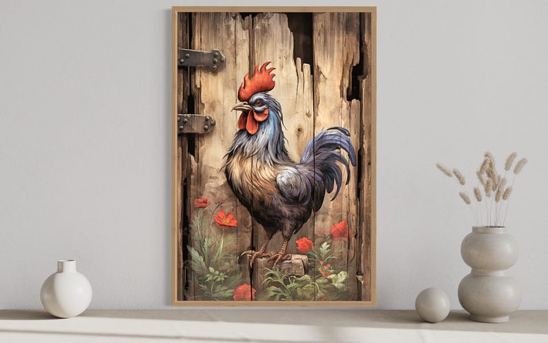 a vibrant rooster standing on a wooden fence, surrounded by red flowers and green plants.