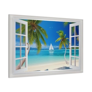 Fake Window Canvas - Tropical Caribbean Beach And Sail Boat View From Open Window Painting - Nature Landscape Canvas Print Ready To Hang