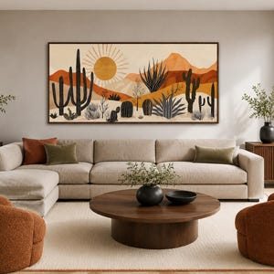 Mid Century Modern Desert Cactus Sun Painting Canvas PRINT, Minimalist Boho Wall Art Southwestern Decor Ready To Hang