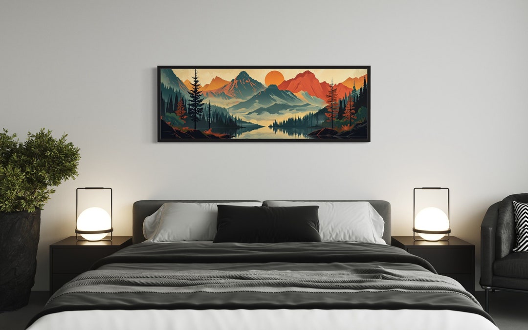 Horizontal Wall Art Panoramic Landscape Mountains, Forest and Lake Mid