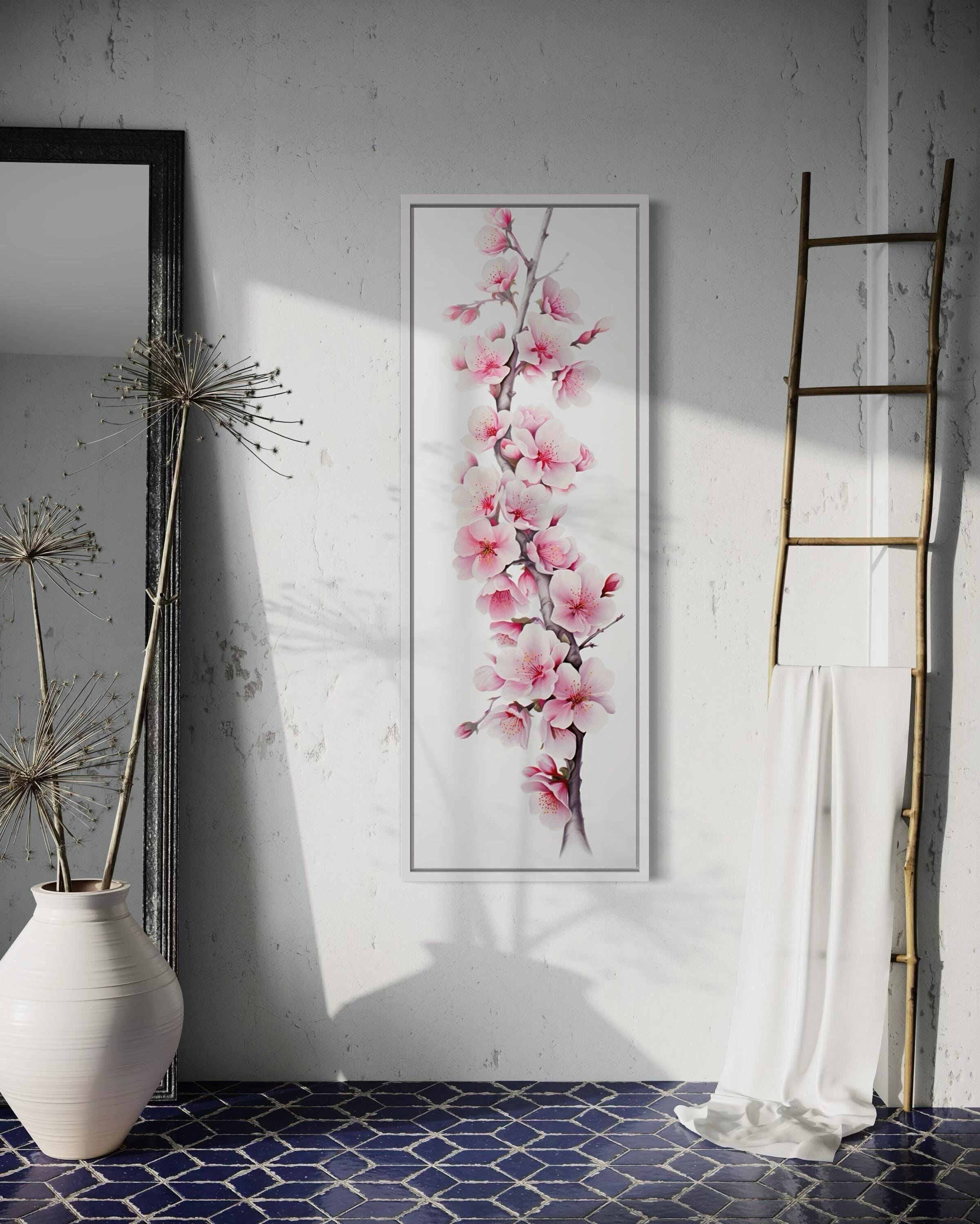 Long Narrow Vertical Wall Art - Pink Watercolor Cherry Blossom Painting Canvas, Sakura Tall Slim Artwork Ready To Hang - Modern Rustic Decor