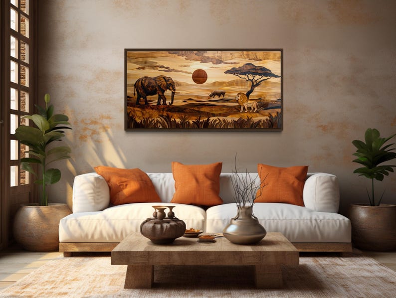 African Wall Art Painting Canvas PRINT, Savanna Landscape With Elephant ...