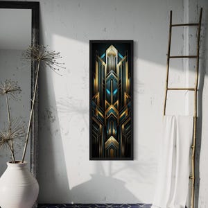 Tall Narrow Vertical Wall Art Deco Aesthetics,  Gold Black Blue Painting Long Slim Canvas PRINT, Long Vertical Wall Decor Ready To Hang
