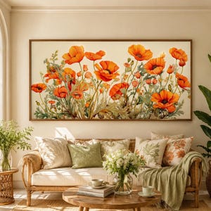 California Wall Art - Poppies Floral Botanical Watercolor Painting Canvas PRINT, Minimalist Boho Farmhouse Wall Decor Framed Ready To Hang