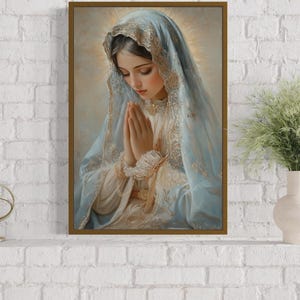 Virgin Mary Praying Wall Art, Christian Painting Canvas Print, Our Lady of Guadalupe Over Mantel Wall Decor Framed Ready To Hang