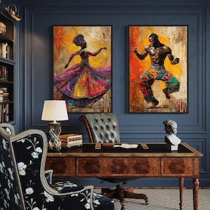 Set of 2 African Wall Art, Black Man And Woman Dancing Traditional Dance Abstract Painting Canvas PRINT, Framed Ready To Hang