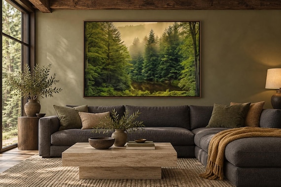 Foggy Forest Wall Art Realistic Nature Painting Fir Tree Canvas PRINT, Cabin Decor, Living Room Wall Decor Framed Ready To Hang