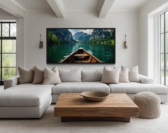 Emerald Green Lake View With Wooden Boat Painting Cavas PRINT, Lake House Wall Art, Adventure Wall Decor - Framed Unframed Ready To Hang