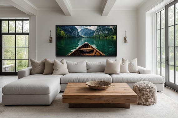 Emerald Green Lake View With Wooden Boat Painting Cavas PRINT, Lake House Wall Art, Adventure Wall Decor - Framed Unframed Ready To Hang