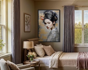Geisha Portrait Wall Art - Japanese Abstract Painting Cavas PRINT, Framed Unframed Ready To Hang