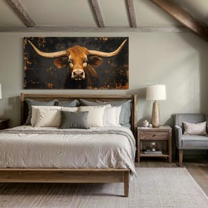 a bedroom with a large bed, wooden furniture, and a large wall art piece featuring a bull's head.