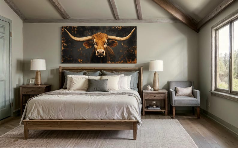 a bedroom with a large bed, wooden furniture, and a large wall art piece featuring a bull's head.