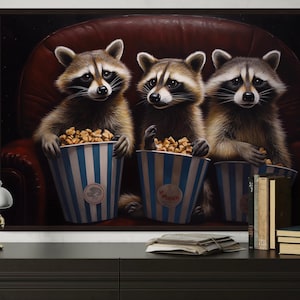 Movie Room Decor - Raccoons In Movie Theater Eating Popcorn Painting Canvas PRINT, Home Theater Decor Man Cave Wall Art Framed Ready To Hang