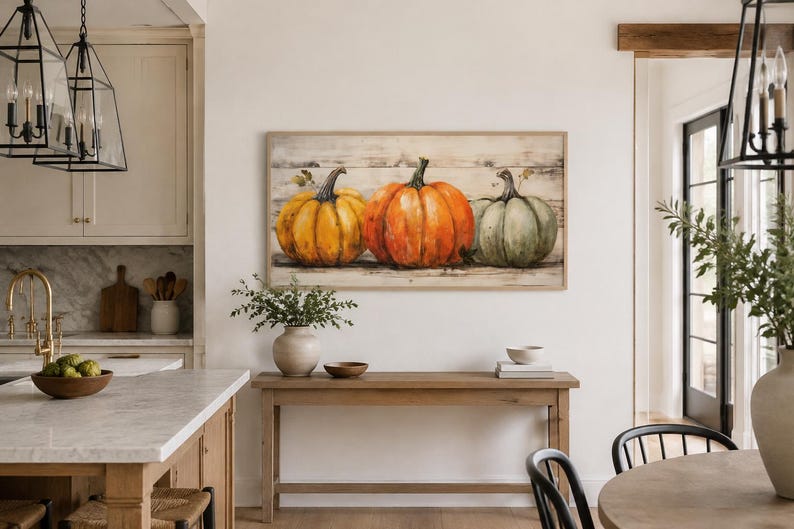 May include: A rectangular wall art piece featuring a painting of three pumpkins in yellow, orange, and muted green, set against a light-colored wooden plank background, enclosed in a thin, light-toned wooden frame hanging on a plain wall.