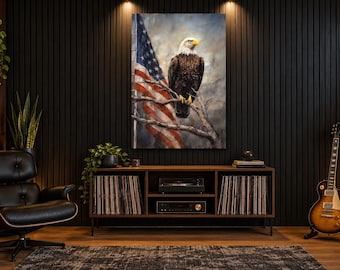 May include: A rectangular wall art print featuring a bald eagle perched on a bare tree branch with a large American flag displayed in the background. The eagle has a white head, yellow beak, and dark brown feathers, set against a cloudy sky.