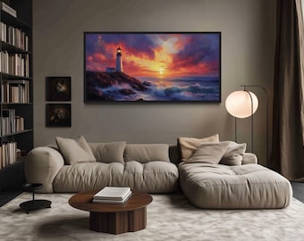 Colorful Lighthouse At Sunset Wall Art - Seascape Painting Printed on Canvas, Nautical Wall Decor, Framed, Ready to Hang