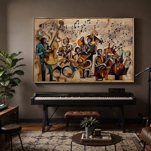 May include: A large rectangular wall art piece featuring a stylized abstract painting of a jazz band with musicians playing instruments like a double bass and saxophone, accented by floating musical notes in shades of brown, blue, and gold.