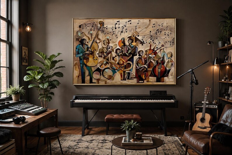 May include: A large rectangular wall art piece featuring a stylized abstract painting of a jazz band with musicians playing instruments like a double bass and saxophone, accented by floating musical notes in shades of brown, blue, and gold.