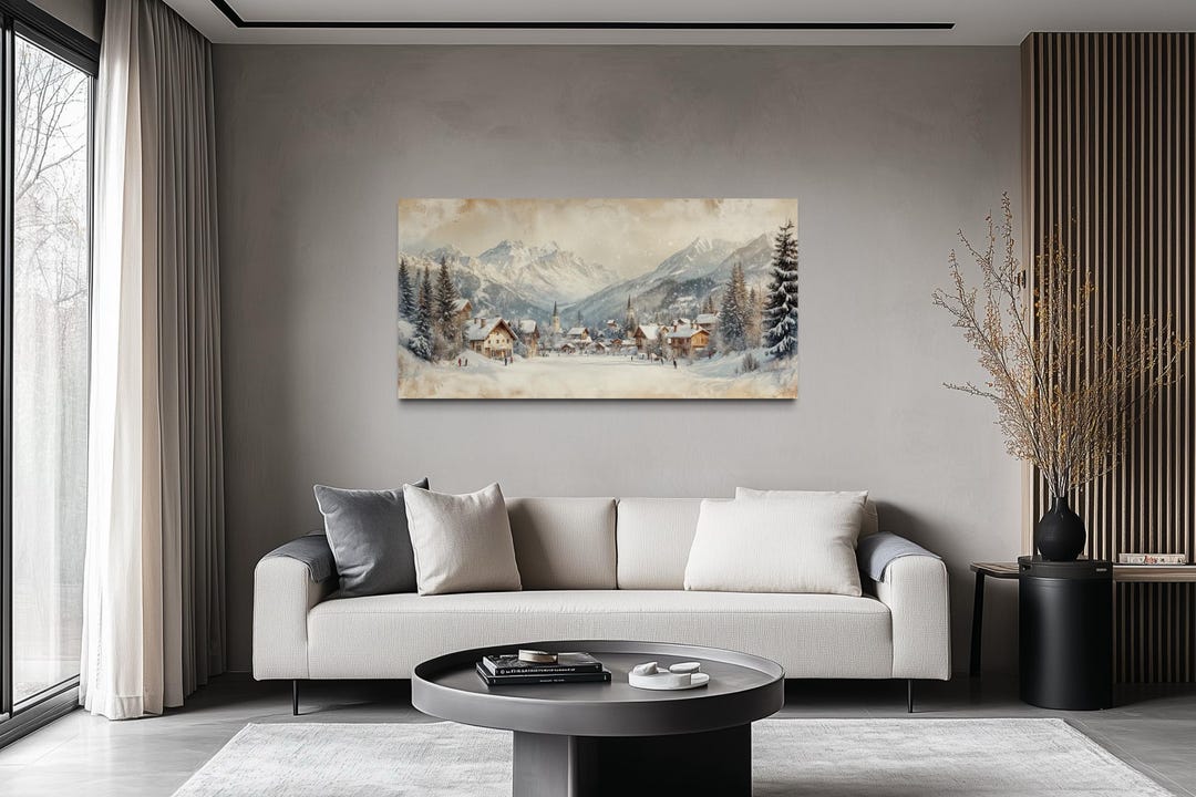 Winter Ski Resort Wall Art, Snowy Mountain Village Canvas Print, Alpine ...