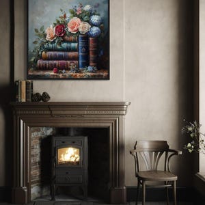 a cozy living room with a fireplace, a wooden chair, and a painting of flowers and books on the wall above the fireplace.