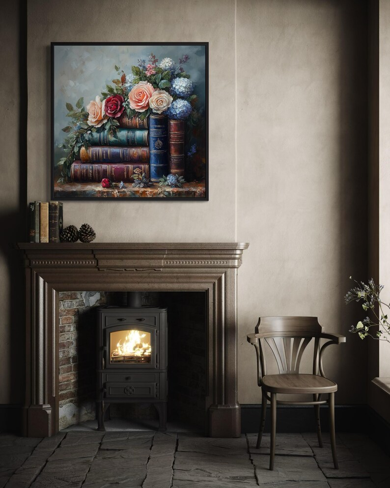 a cozy living room with a fireplace, a wooden chair, and a painting of flowers and books on the wall above the fireplace.