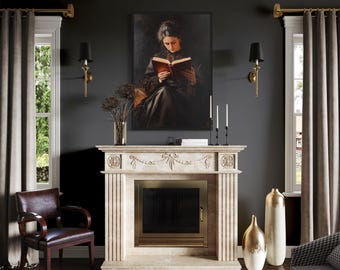Victorian Woman Reading A Book Wall Art, Dark Academia Decor, Library Reading Nook Wall Decor Framed Ready To Hang