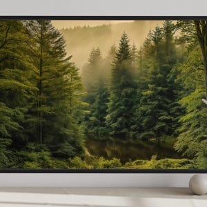 a serene forest scene with tall trees and a calm lake in the background, creating a peaceful and tranquil atmosphere.