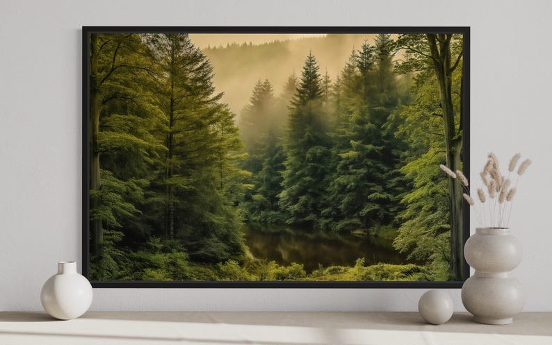 a serene forest scene with tall trees and a calm lake in the background, creating a peaceful and tranquil atmosphere.
