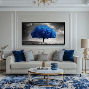Blue Tree on Black White Background Extra Large Painting Canvas Print - Blue Wall Art Framed, Unframed, Ready To Hang
