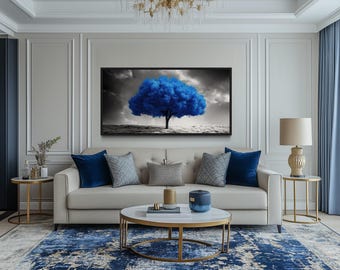 Blue Tree on Black White Background Extra Large Painting Canvas Print - Blue Wall Art Framed, Unframed, Ready To Hang