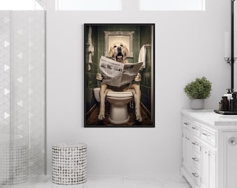 White Labrador Retriever Dog On The Toilet Reading Newspaper, Funny Bathroom Art, Toilet Humor, Canvas Framed Unframed Ready To Hang