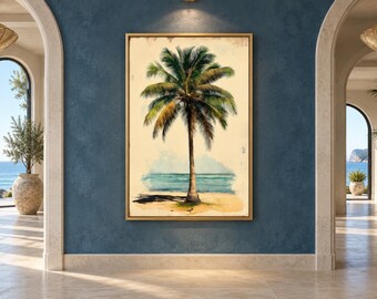 Palm Tree Wall Art, Vintage Style Palm On The Beach Painting Canvas PRINT, Coastal Wall Art, Tropical Artwork Ready To Hang