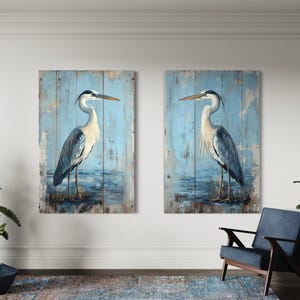 Set of 2 Rustic Blue Herons Wall Art, Heron Paintings On Wood Canvas PRINTs Coastal Birds Wall Art Framed Ready To Hang