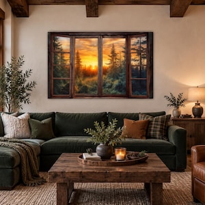 May include: A rectangular wall art print featuring a faux window frame looking out onto a dense forest at sunset. The scene displays tall pine trees silhouetted against a vibrant orange and yellow sky, with dark brown wooden window panes framing the view.