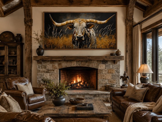 Texas Longhorn Steer In Grass Dark Brown Painting Canvas Print Extra Large Farmhouse Wall Art, Cow Rustic Wall Art Framed Ready To Hang