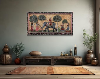 Indian Elephant Madhubani Style Painting Extra Large Canvas PRINT, Traditional Style Indian Wall Art Framed Ready To Hang