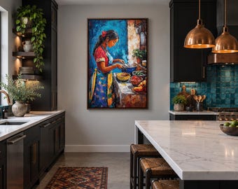 Mexican Kitchen Wall Art - Mexican Woman Cooking Painting Canvas PRINT, Traditional Home Decor Framed  Ready To Hang