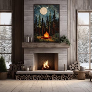 Campfire At Night, Cozy Cabin Over Mantel Decor, Camping Wall Art Fire Moon Painting Canvas PRINT, Camping Wall Art Framed Ready To Hang