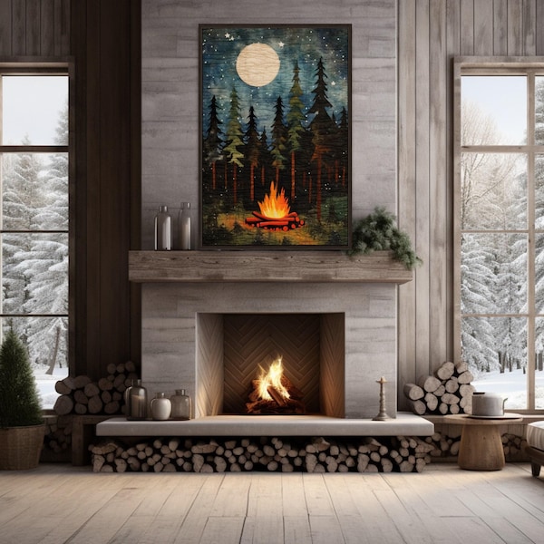 Campfire At Night, Cozy Cabin Over Mantel Decor, Camping Wall Art Fire Moon Painting Canvas PRINT, Camping Wall Art Framed Ready To Hang