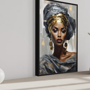 a framed painting of a woman with a headdress, displayed on a wall next to two white vases and a small white sculpture.