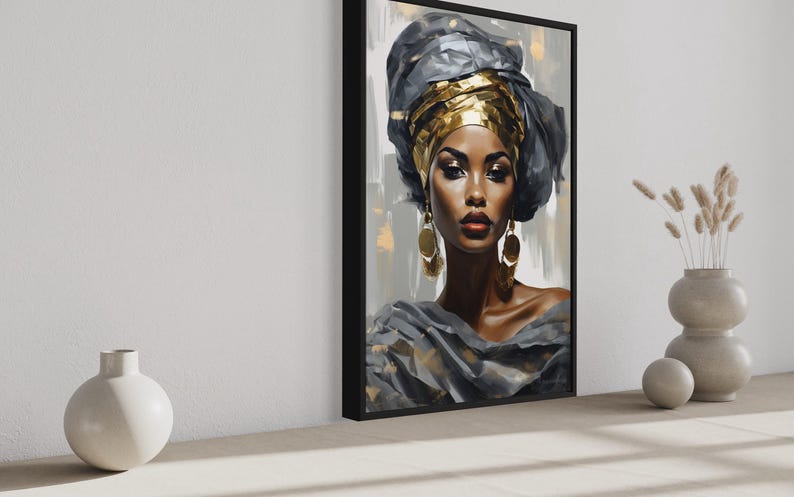 a framed painting of a woman with a headdress, displayed on a wall next to two white vases and a small white sculpture.
